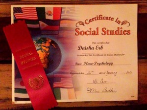 Daisha First Place Certificate Social Studies